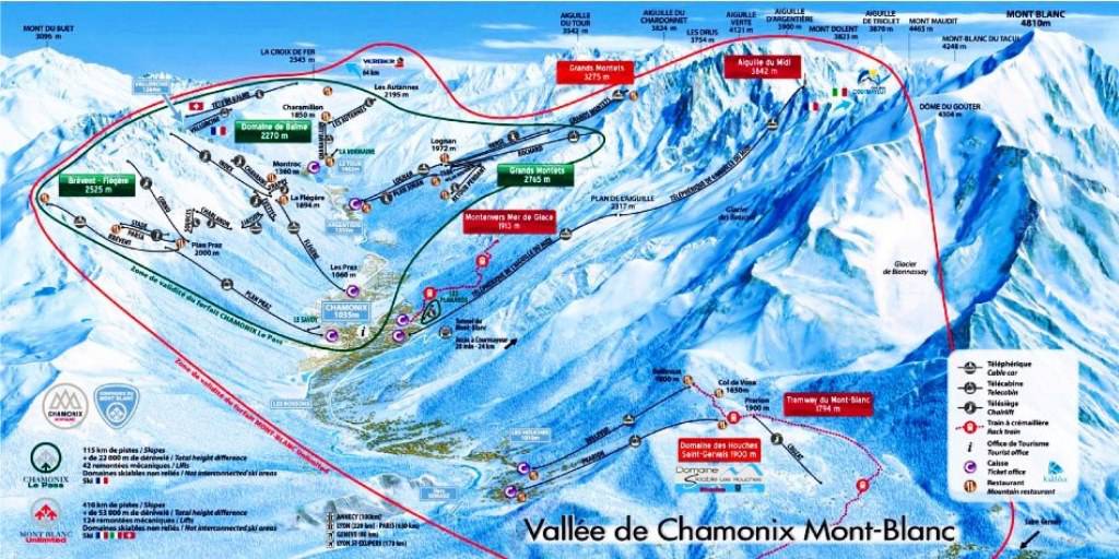 Chamonix múltiples pistas de esquí, bajo la sombra Montblanc