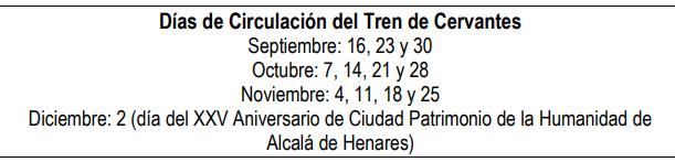 Días de circulación Tren Cervantes